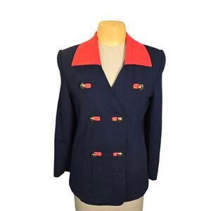 Vintage 80s Sara Roberts Wool Double Breasted Blazer Navy Gold Buttons Size 10
